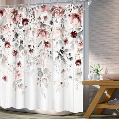 Rusic Floral Grey Pink Eucalyptus Leaves Bathroom Shower Curtain Set