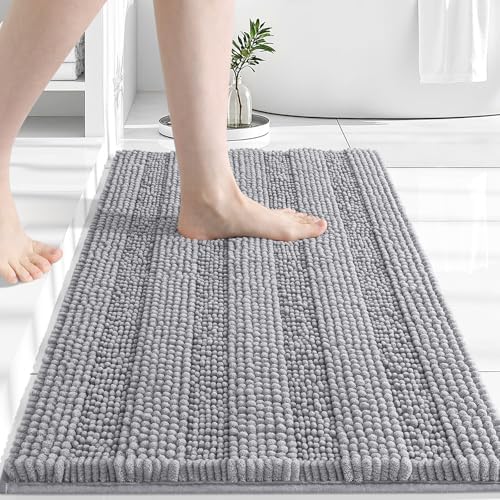 Grandaily Chenille Striped Bathroom Rugs 36x24, Extra Thick and Absorbent Bath Mats, Non-Slip Soft Plush Shaggy Shower Carpet, Machine Wash Dry, Bath Rug for Bathroom, (Large, Light Grey)