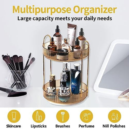 Asayuee 360 Rotating Gold Makeup Organizer,2 Tier Large Capacity Rotating Makeup Organizer,SkincarePerfume Organizer,Bathroom Cosmetics Storage Organizer Countertop (Gold-2 Tier)