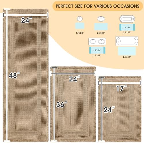 Upgrade Waffle Bath Mat Set 3 Piece, Boho Bathroom Rugs Absorbent Non Slip, Ultra Soft Bathroom Mat, Machine Washable Knit Bath Rugs with Tassels for Bathroom, Bedroom, Kitchen, Shower, Tub, Beige