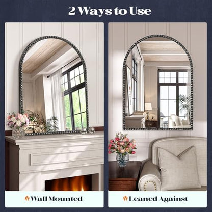 Black Arched Mirror, 24"x36" Beaded Arch Wall Mirror for Bathroom