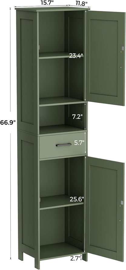 Homhedy 67" H Tall Bathroom Storage Cabinet with Barn Doors and Drawer | Narrow Storage Unit with Adjustable Shelves, Floor Cabinet for Bathroom, Living Room, Entryway or Kitchen, Green, 15.7" W