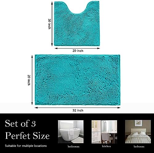 Bathroom Rugs Chenille Bath mat 2 Piece Set, Super Absorbent, Strong PVC Non Slip Backing, Bath mats for Bathroom, Plush Shaggy, Thick, Machine Washable, Bathtub, Toilet.(Turquoise)