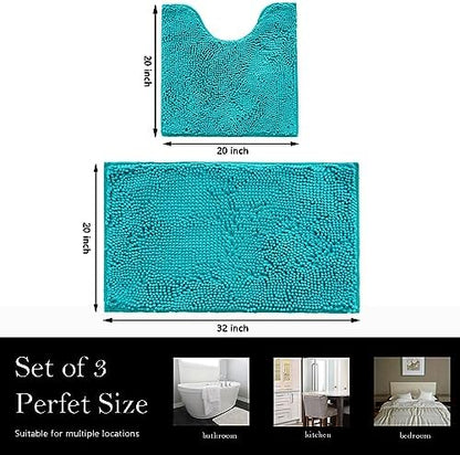 Bathroom Rugs Chenille Bath mat 2 Piece Set, Super Absorbent, Strong PVC Non Slip Backing, Bath mats for Bathroom, Plush Shaggy, Thick, Machine Washable, Bathtub, Toilet.(Turquoise)