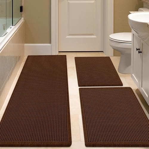 IM HOME Waffle Bath Mat Set 3 Piece Brown,Woven Modern Bath Rug Mats, Absorbent Non Slip Bath Floor Mat, Soft Washable Boho Bath Rugs with Tassels for Bathroom, Bedroom, Kitchen,Tub