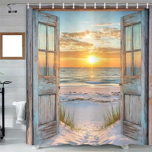 Beach Coastal Shower Curtain, Ocean Barn Door Nautical Sunrise Seaside Seascape Wave Decor Bath Curtains, Rustic Wood Teal Turquoise Bathroom Accessories Fabric Waterproof with Hooks, 36X72in