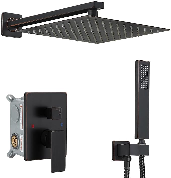 Shower Faucet Set Complete, Wall Mount Shower System for Bathroom 12 Inch High-Pressure Rainfall Shower with Handheld, Rough-in Valve Body and Trim Kit, Oil Rubbed Bronze