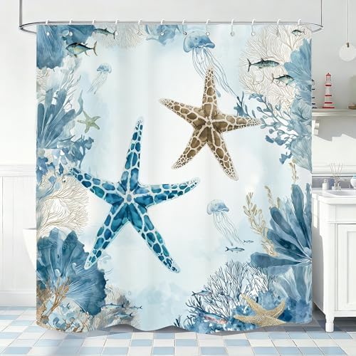 Watercolor Beach Shower Curtain for Bathroom, Ocean Coastal Theme, 72x72 In