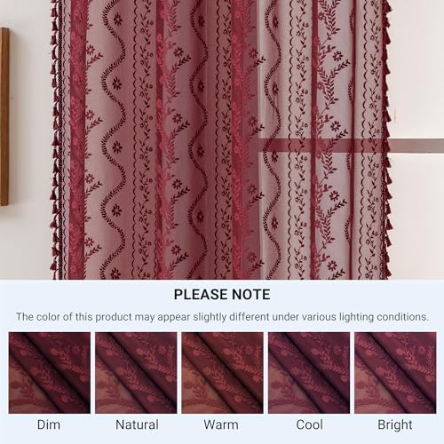 WAZZIO Burgundy Red Lace Shower Curtain for Bathroom 72" W x 72" L, Victorian Farmhouse Floral Pattern Tassel Fancy Shower Curtain Boho Washable Cloth Decorative Bath Curtains,1 Panel