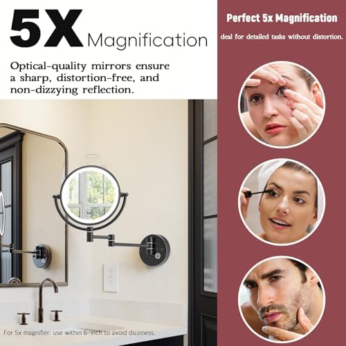 Wall Mounted Makeup Mirror with Lights, Rechargeable, Brass, Matte Black