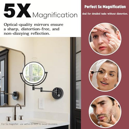 Wall Mounted Makeup Mirror with Lights, Rechargeable, Brass, Matte Black