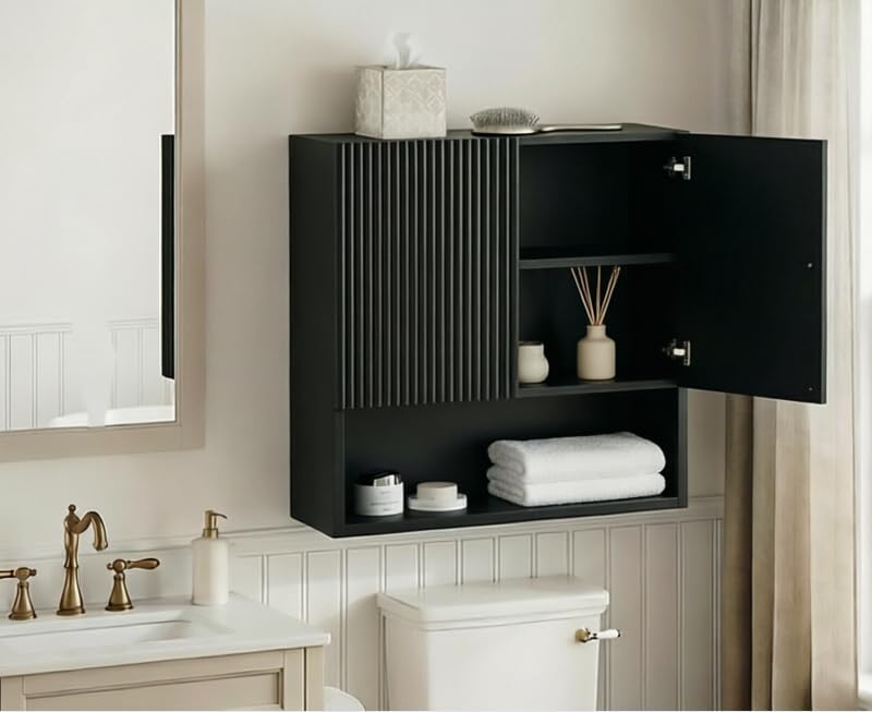 USHOWER Black Bathroom Wall Cabinet with Fluted Doors & Open Shelf