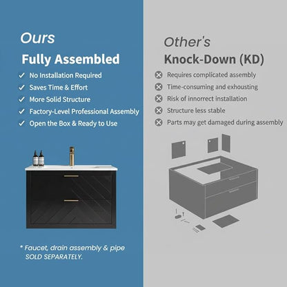 30 in. Wall Mounted Bathroom Vanity with Sink, Fully Assembled Floating Vanity with Double Drawers, Black Finish