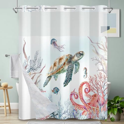 No Hook Shower Curtain with Snap-in Liner 71x74 Inch