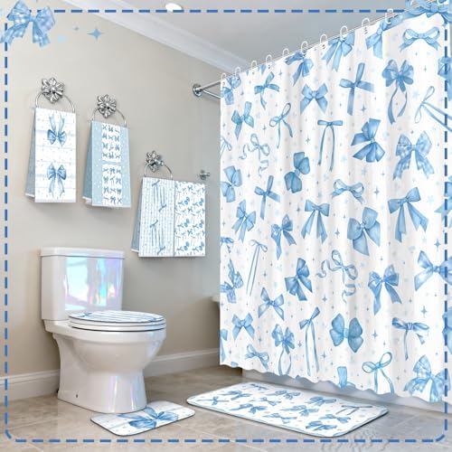 FuWeave 8 Pcs Blue Shower Curtain Set Coquette Blue Bathroom Decor Aesthetic Bow Knot Waterproof Shower Curtain Towels Non Slip Rug Toilet Lid Cover Bath Mat with 12 Hooks for Women Home Bath