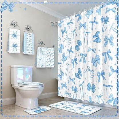 FuWeave 8 Pcs Blue Shower Curtain Set Coquette Blue Bathroom Decor Aesthetic Bow Knot Waterproof Shower Curtain Towels Non Slip Rug Toilet Lid Cover Bath Mat with 12 Hooks for Women Home Bath