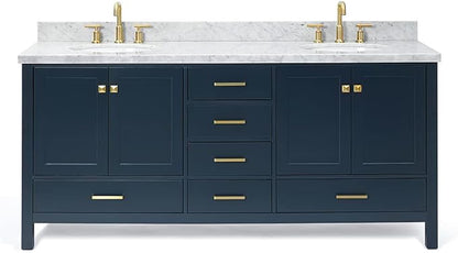 ARIEL Cambridge 72-inch Bathroom Vanity with Sink,Solid Wood, 1.5-inch Italian Carrara Marble Countertop, Double Oval Porcelain Sink, 4 Soft Closing Doors, 6 Dovetail Drawers, Midnight Blue