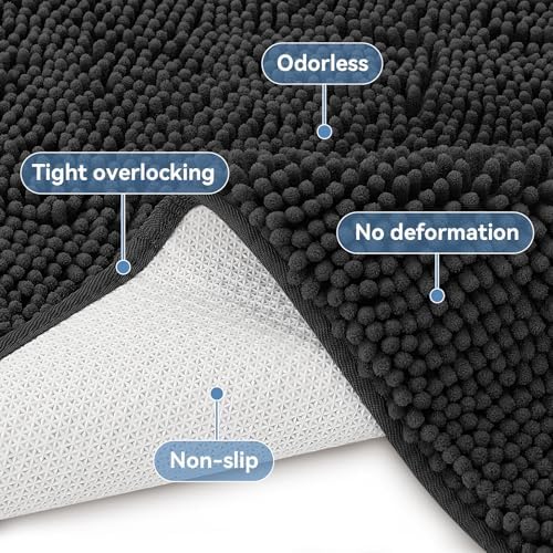 Bcoimo Bath Rug Mat,36x24 Chenille Non Slip Black Bathroom Floor Shower Mat