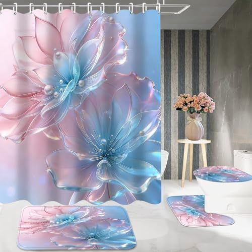 DDQQ 4 Pcs Floral Shower Curtain Set Pink Blue Bathroom Sets with Shower Curtain and Rugs, Flowers Pearl Shower Curtain Set, Lotus Bathroom Decor Set, Bathroom Rugs Set Toilet Lid Cover Hooks