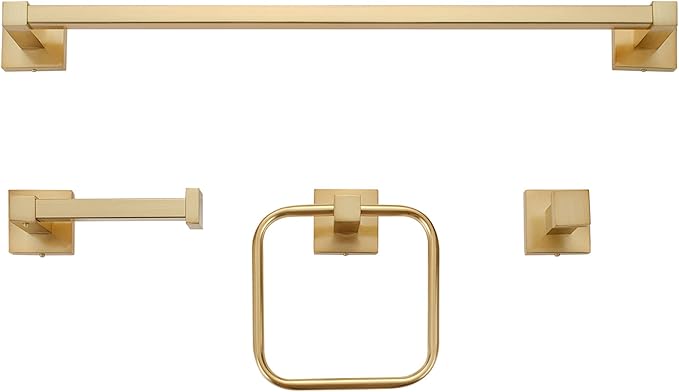 Globe Electric 65562 Dakota 4-Piece Bathroom Hardware Accessory Kit, Matte Brass, Towel Bar, Towel Ring, Robe Hook, Toilet Paper Holder