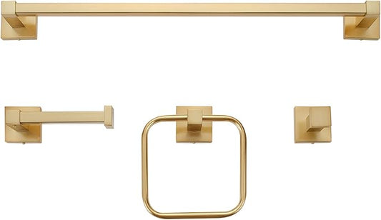 Globe Electric 65562 Dakota 4-Piece Bathroom Hardware Accessory Kit, Matte Brass, Towel Bar, Towel Ring, Robe Hook, Toilet Paper Holder