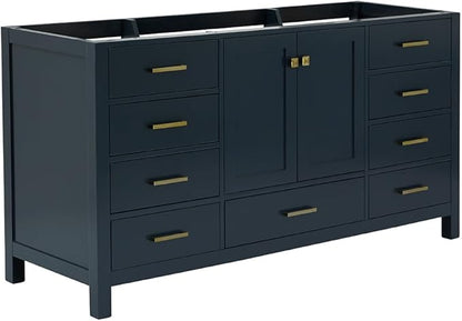 ARIEL Cambridge 66-inch Bathroom Vanity Base Cabinet,Solid Wood, 2 Soft Closing Doors, 9 Dovetail Drawers, Midnight Blue
