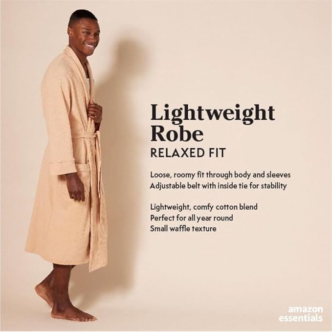 Amazon Essentials Men's Lightweight Cotton Waffle Bath Robe, Mid-Length Loungewear (Available in Big & Tall)