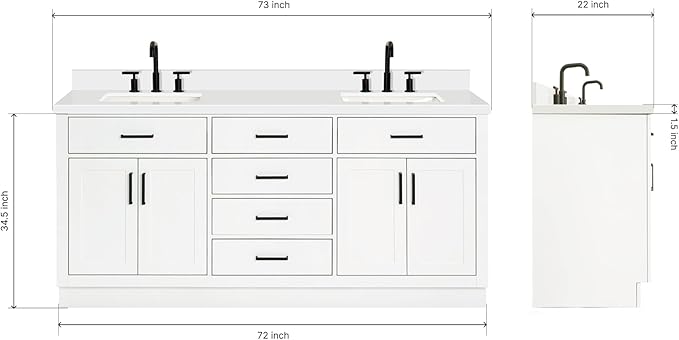 ARIEL Hepburn 72-inch Bathroom Vanity with Sink,Solid Wood, 1.5-inch Pure White Quartz Countertop & Backsplash, Double Rectangular Porcelain Sink, 4 Soft Closing Doors, 6 Dovetail Drawers, White