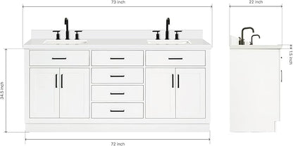 ARIEL Hepburn 72-inch Bathroom Vanity with Sink,Solid Wood, 1.5-inch Pure White Quartz Countertop & Backsplash, Double Rectangular Porcelain Sink, 4 Soft Closing Doors, 6 Dovetail Drawers, White