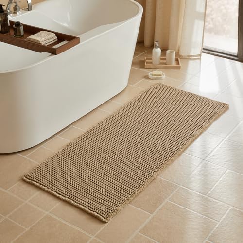 Triohero Waffle Runner Rug Bathroom, Long Boho Bath Mat, 24x60 Khaki