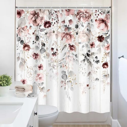 Rusic Floral Grey Pink Eucalyptus Leaves Bathroom Shower Curtain Set