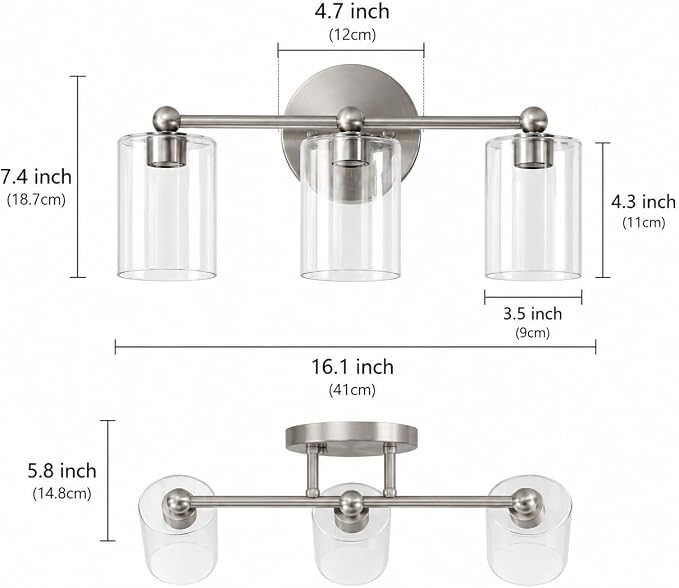 Brushed Nickel Vanity Light with 3 Color Modes, Eye Protection LED Bathroom Light Fixtures, Dimmable Modern Wall Light Over Mirror with Clear Glass Shade (Brushed Nickel, 3-Light)
