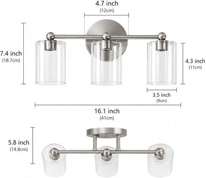 Brushed Nickel Vanity Light with 3 Color Modes, Eye Protection LED Bathroom Light Fixtures, Dimmable Modern Wall Light Over Mirror with Clear Glass Shade (Brushed Nickel, 3-Light)