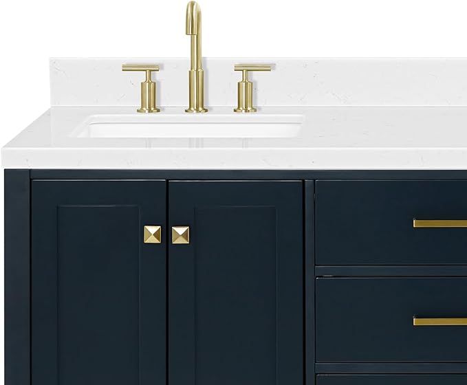ARIEL Cambridge 66-inch Bathroom Vanity with Sink,Solid Wood, 1.5-inch Carrara White Quartz Countertop, Double Rectangular Porcelain Sink, 4 Soft Closing Doors, 6 Dovetail Drawers, Midnight Blue