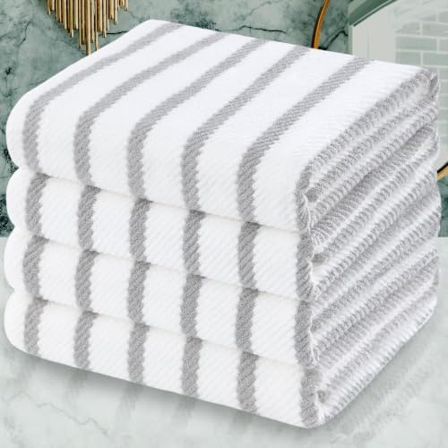 VOOVA & MOVAS Bath Towels 4PC, 100% Cotton, 30x56 in, Gray White Stripe