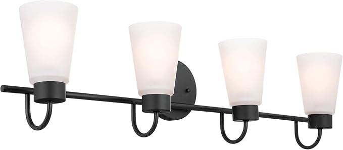 Kichler Erma 4-Light Bathroom Vanity Light Fixture with Clear Satin Etched Glass, Updated Traditional Wall Light in Black, (32.5" x 8.5")