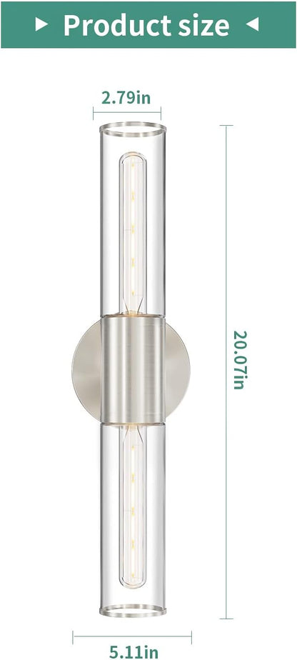 Bathroom Vanity Light Fixture, 2-Light Brushed Nickel Wall Sconce Lighting Fixture with Clear Glass, Indoor E26 Stocket Silver Wall Lamp for Mirror Living Room Hallway(Bulb Not Included)