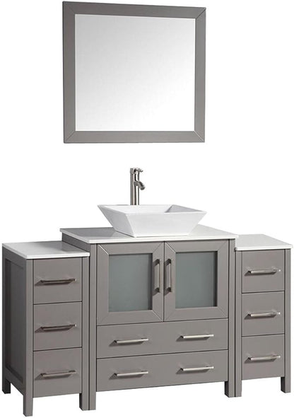 Vanity Art 54 Inch Vessel Single Sink Bathroom Vanity Cabinet with 1 Mirror, Engineered Marble Top Bathroom Cabinet Compact Set with 8 Dovetail Drawers and Soft Closing Doors, VA3130-54-G