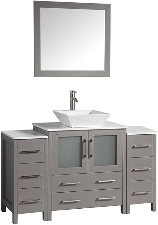 Vanity Art 54 Inch Vessel Single Sink Bathroom Vanity Cabinet with 1 Mirror, Engineered Marble Top Bathroom Cabinet Compact Set with 8 Dovetail Drawers and Soft Closing Doors, VA3130-54-G