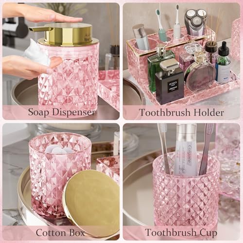 Pink Bathroom Accessories Set - 20PCS Glass Bathroom Set with Shower Curtain and Rugs, Soap Dispenser, Soap Dish, Cup, Qtip Jar, Toothbrush Holder, Stylish & Functional Bath Decor for Home, Apartment