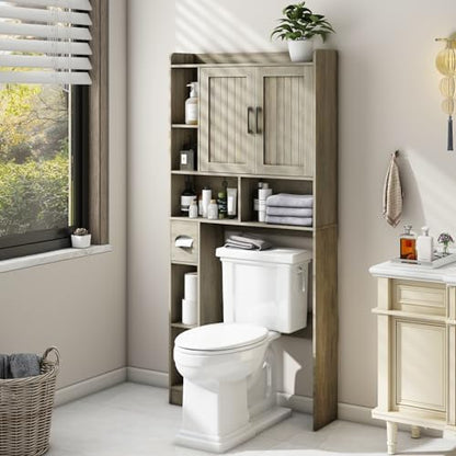 Vabches Farmhouse Over The Toilet Storage Cabinet with Barn Door, Gray Oak