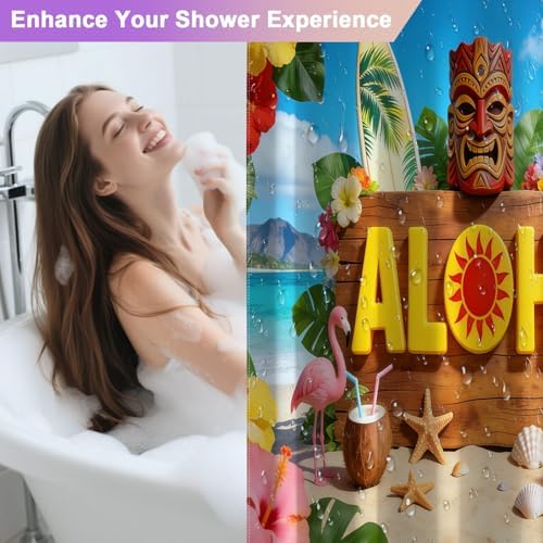 Hawaiian Summer Tropical Shower Curtain Set, Waterproof Shower Curtains for Bathroom with Weighted Hem, Machine Washable Fabric Shower Curtain with 12 Hooks, Colorful Coastal Beach Design, 72"W x 72"L