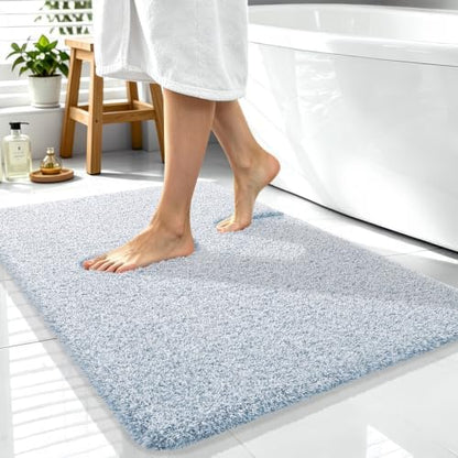 OLANLY Microfiber Bathroom Rugs 40x32, Quick Dry Mat, Airy Blue and White