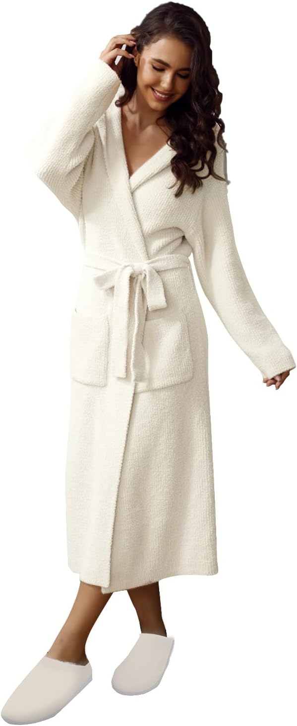 MH MYLUNE HOME Ultra Soft Robes for Women with Pockets, Womens Robe Plush | Hooded House Robes for Women Calf-Length, Spa Bath Robe, Cozy Comfy Fluffy Fuzzy Robe for Women, Womens Bathrobe