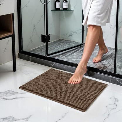 SUBRTEX Bathroom Rugs Chenille Bath Rug Soft Short Plush Bath Mat Soft Shower Mat Water Absorbent Shower Mat Quick Dry Machine Washable(Brown,18" x 24")