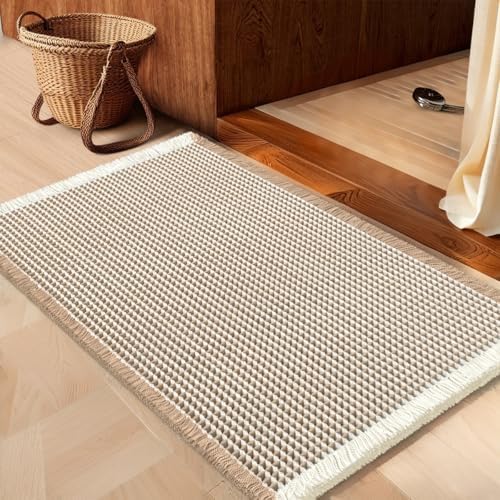 IM HOME Waffle Bath Mat Brown & Cream 36"x24", Boho Woven Modern Bath Mat Rugs, Absorbent Non Slip Bathroom Rugs, Soft Washable Bath Rugs with Tassels for Bedroom, Kitchen, Shower, Tub
