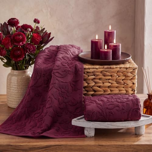 SmoothNovelty 2 Pcs Burgundy Red Floral Jacquard Hand Towels for Bathroom