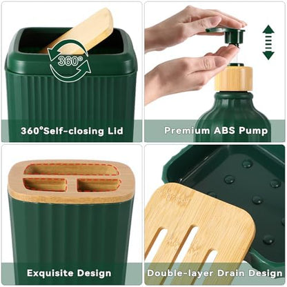 32PCS Dark Green Bathroom Accessories Set with Shower Curtain,Rugs,Trash Can,3PCS Lotion Soap Dispenser, Toothbrush Holder, Soap Dish,Tumbler Cup,6PCS Wood Tags Bath Accessories with Tray for Bathroom