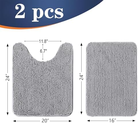 OLANLY Chenille Bathroom Rugs Mats Set 2 Piece, 24"x16"+24"x20", Light Grey