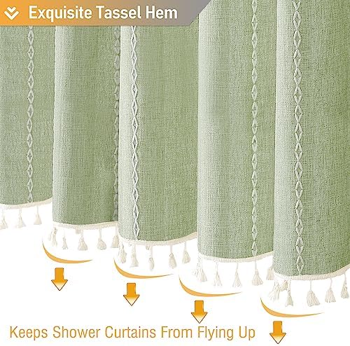 BTTN Sage Green Cream Boho Farmhouse Linen Heavy Duty Shower Curtain, 72x72